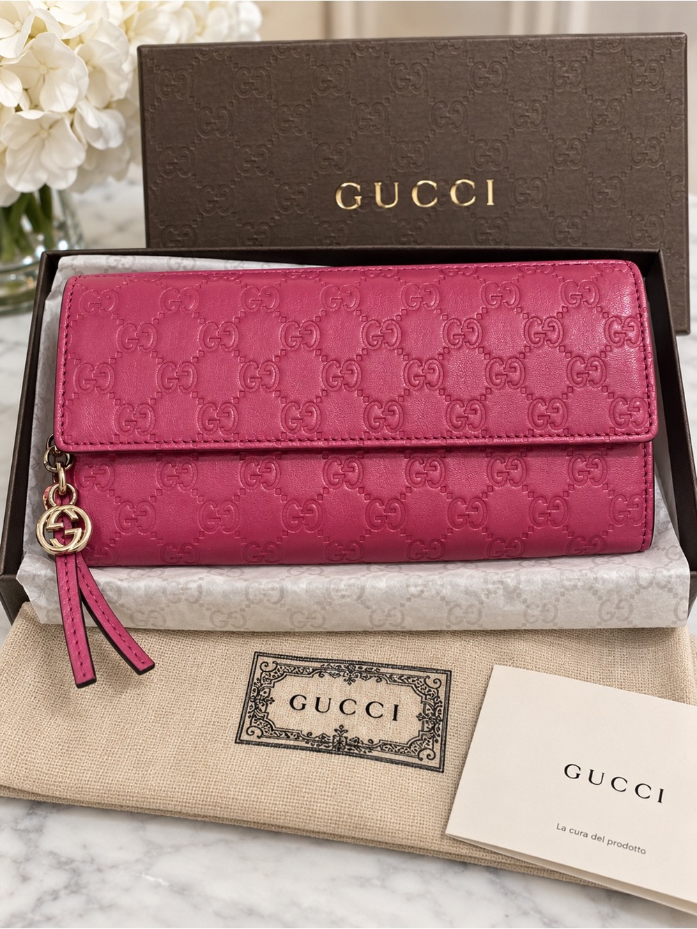 Gucci Microguccissima Continental Wallet Fuchsia Pink Interlocking G Charm